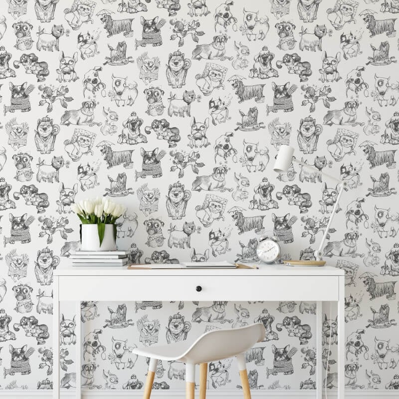 Pooches Wallpaper - Black/White - Muriva - 102577 - Premier Wallcovering