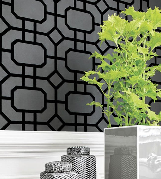 Portier Flock Wallpaper - Grey on Silver - Thibaut - T11001 - Premier Wallcovering