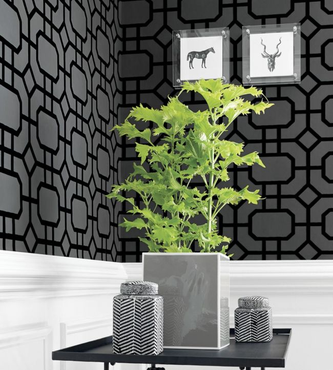 Portier Flock Wallpaper - Grey on Silver - Thibaut - T11001 - Premier Wallcovering