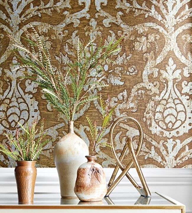 Pravata Damask Wallpaper - Sienna on Foil - Thibaut - T89175 - Premier Wallcovering