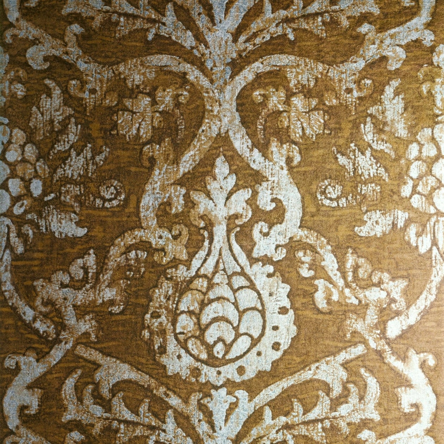 Pravata Damask Wallpaper - Sienna on Foil - Thibaut - T89175 - Premier Wallcovering
