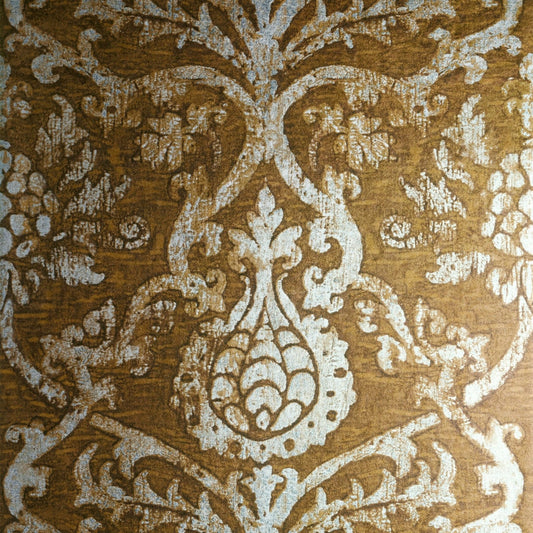 Pravata Damask Wallpaper - Sienna on Foil - Thibaut - T89175 - Premier Wallcovering