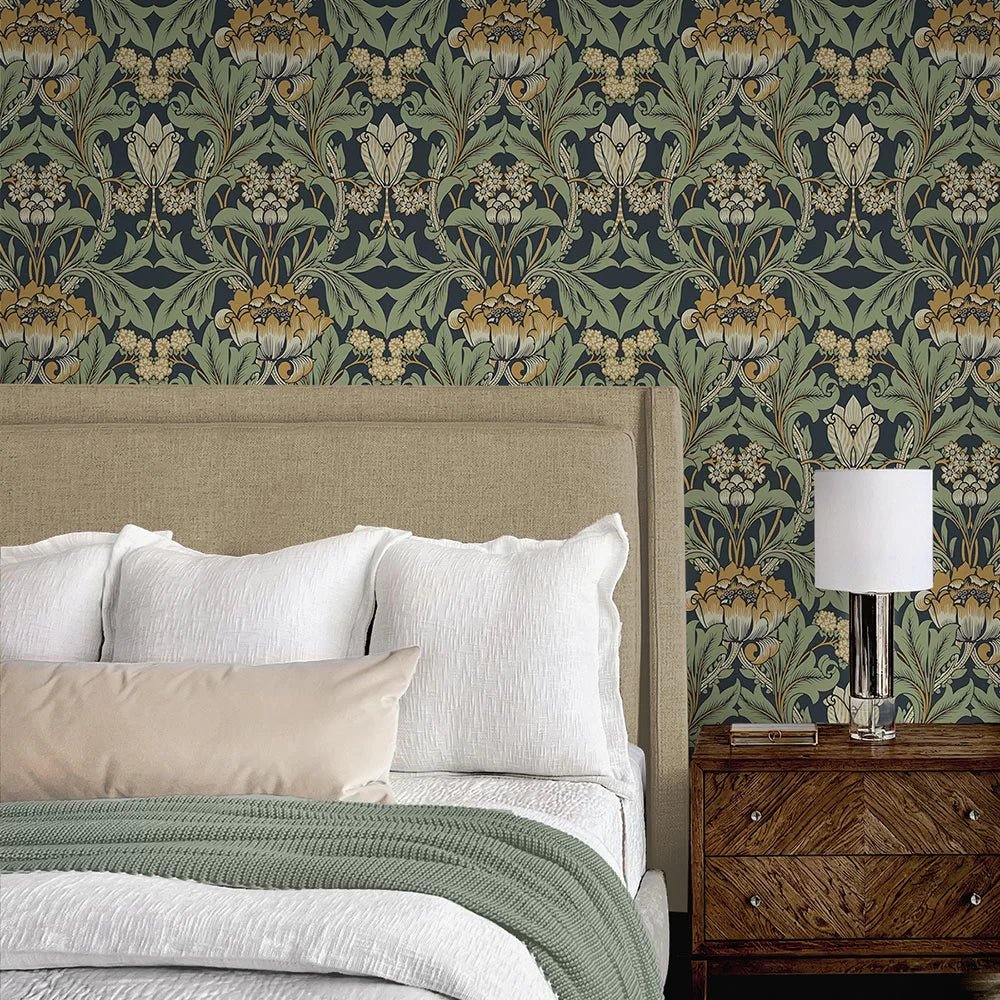 Primrose Floral Wallpaper - Midnight Blue & Goldenrod - NextWall - NW44404 - Premier Wallcovering