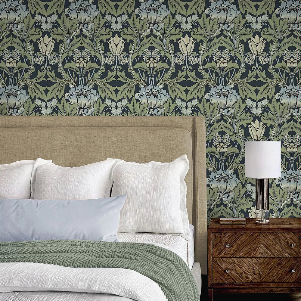 Primrose Floral Wallpaper - Midnight Blue & Sage - NextWall - NW44412 - Premier Wallcovering
