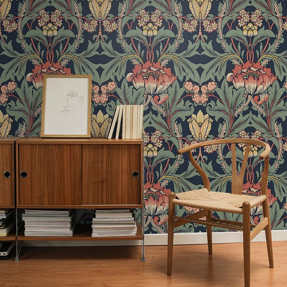 Primrose Floral Wallpaper - Navy Blue - NextWall - NW44402 - Premier Wallcovering