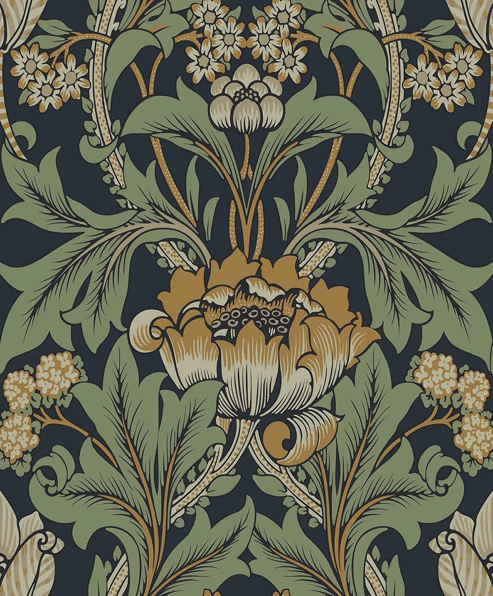 Primrose Floral Wallpaper - Midnight Blue & Goldenrod - NextWall - NW44404 - Premier Wallcovering