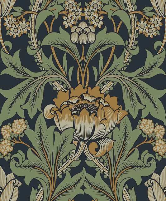 Primrose Floral Wallpaper - Midnight Blue & Goldenrod - NextWall - NW44404 - Premier Wallcovering