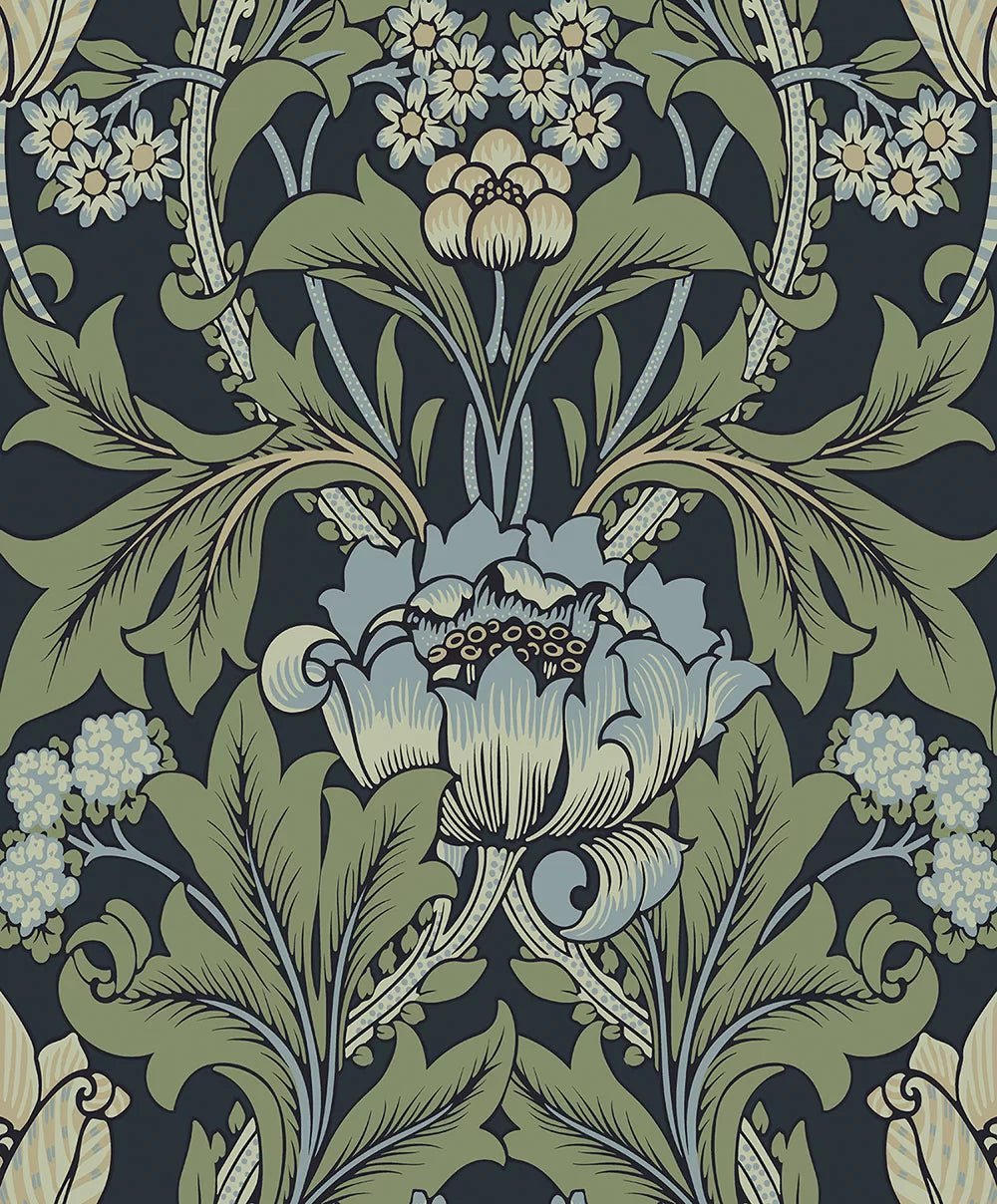 Primrose Floral Wallpaper - Midnight Blue & Sage - NextWall - NW44412 - Premier Wallcovering
