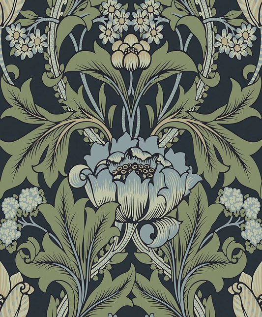 Primrose Floral Wallpaper - Midnight Blue & Sage - NextWall - NW44412 - Premier Wallcovering