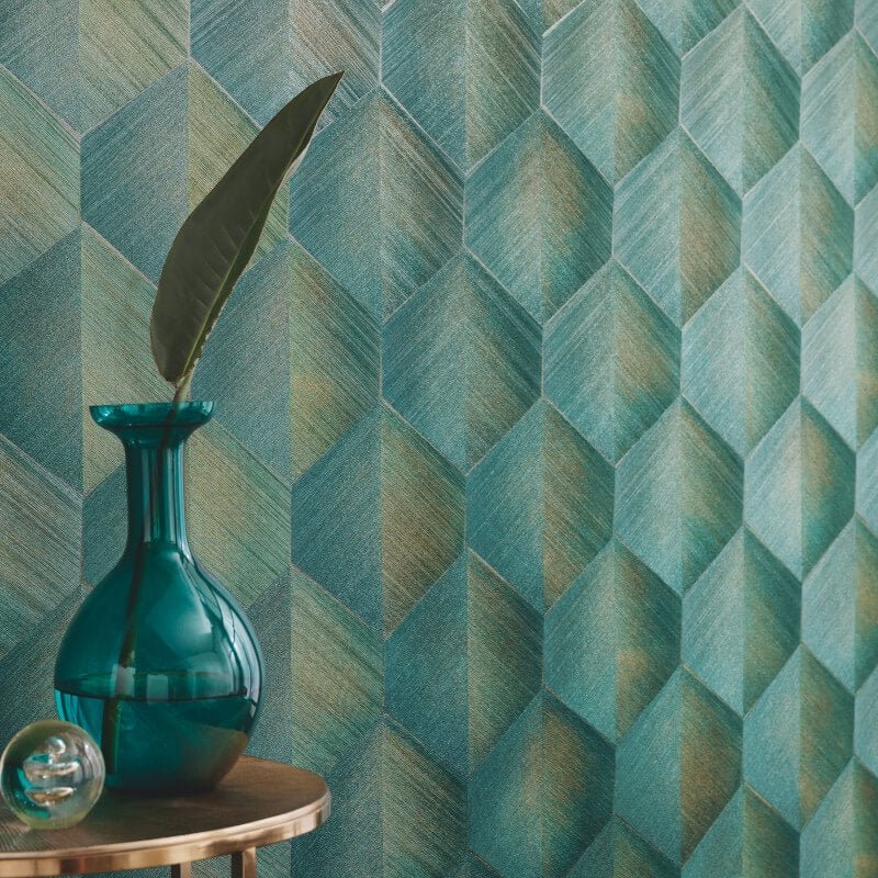 Prisma 3D Graphic Waves Metallic Wallpaper - Green - Erismann - 10370 - 19 - Premier Wallcovering