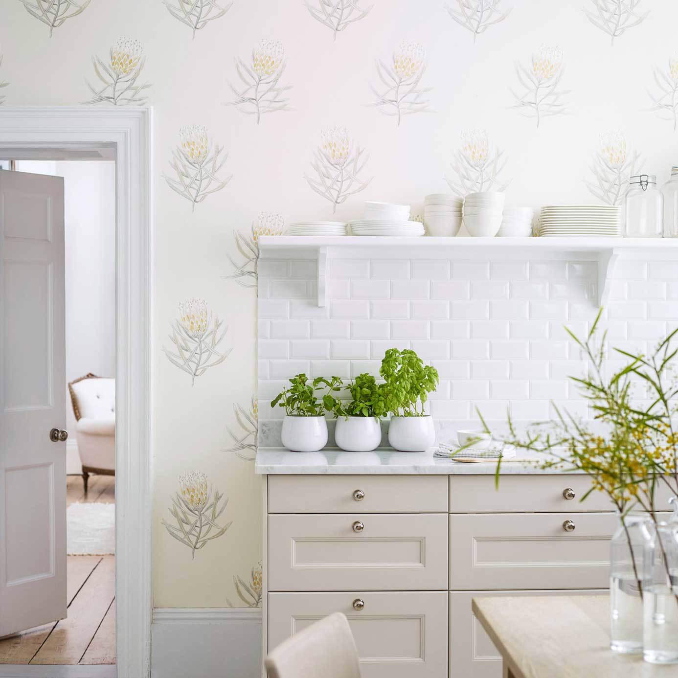 Protea Flower Wallpaper - China Blue/Canvas - Sanderson - DART216327 - Premier Wallcovering