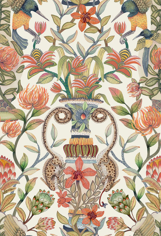 Protea Garden Silk Wallpaper - Olive Green & Tangerine on White - 119/10045 - Cole & Son - Premier Wallcovering