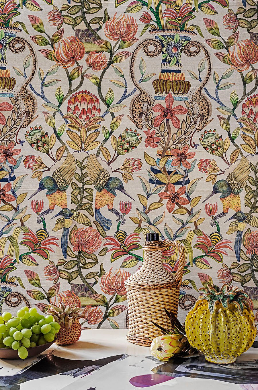Protea Garden Silk Wallpaper - Olive Green & Tangerine on White - 119/10045 - Cole & Son - Premier Wallcovering