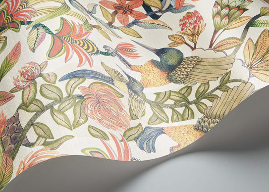 Protea Garden Silk Wallpaper - Olive Green & Tangerine on White - 119/10045 - Cole & Son - Premier Wallcovering