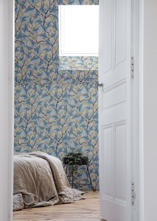 Ranunculus Floral Wallpaper - Blue & Beige - Summer Gray - Premier Wallcovering