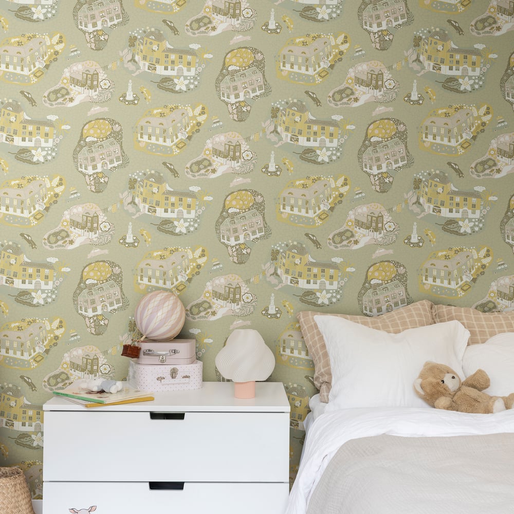 Resan Staden Town Wallpaper - Green - Galerie - Resan - 29008 - Premier Wallcovering