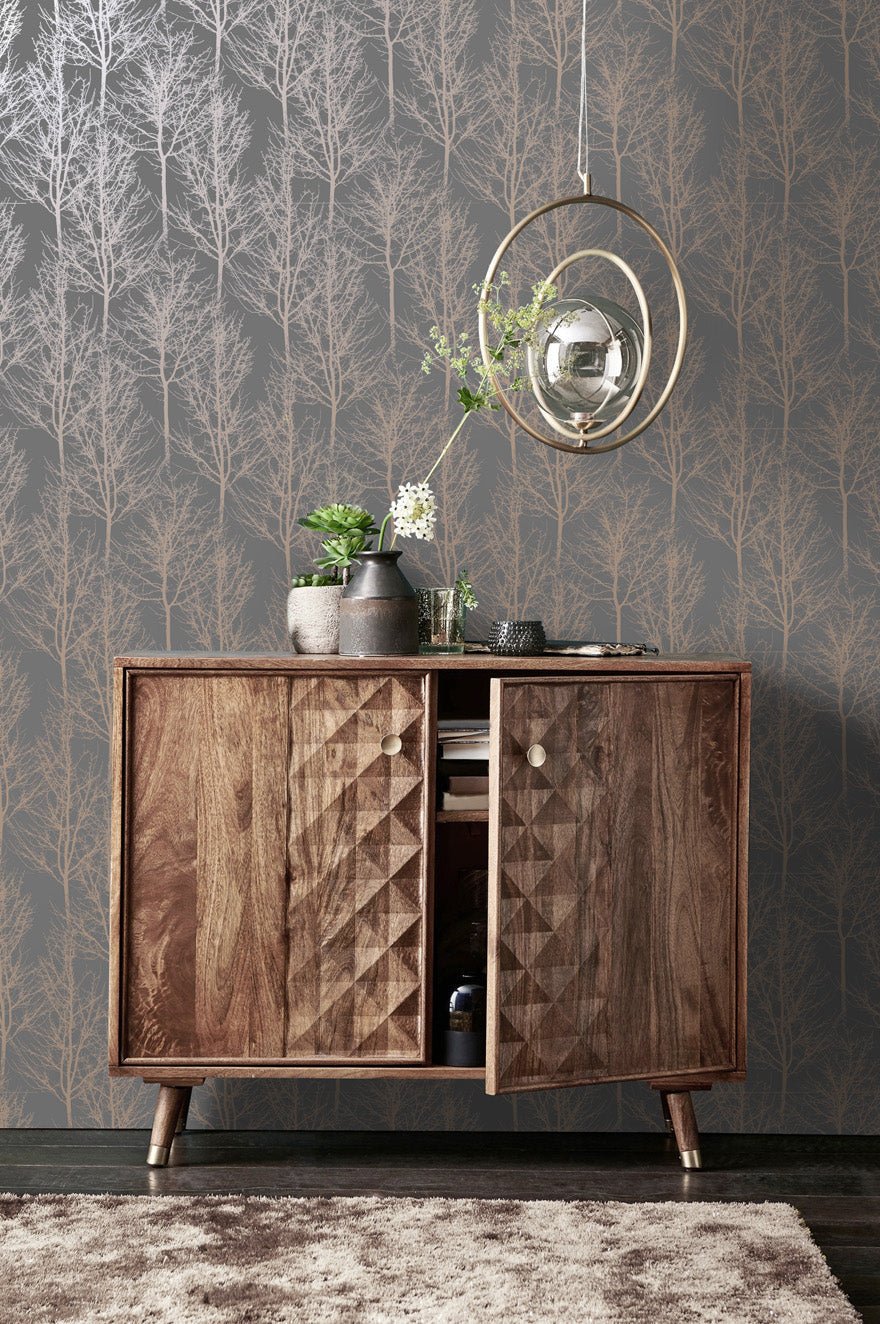 Rhea Trees Wallpaper - Dark Grey Rose Gold - Holden Décor - 90761 - Premier Wallcovering