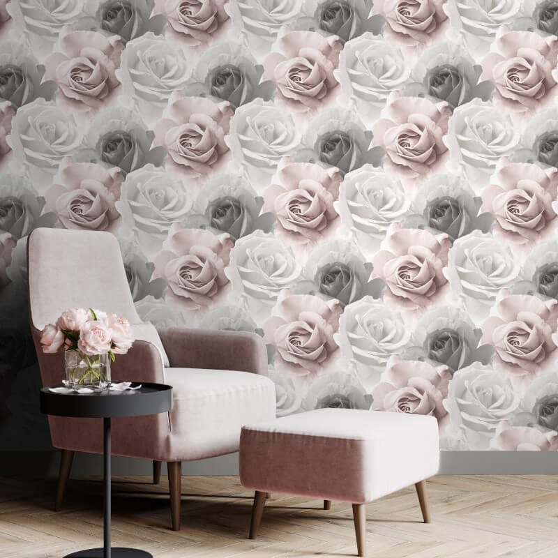 Rhoda Rose Metallic Wallpaper - Pink/Grey - Muriva - 203501 - Premier Wallcovering