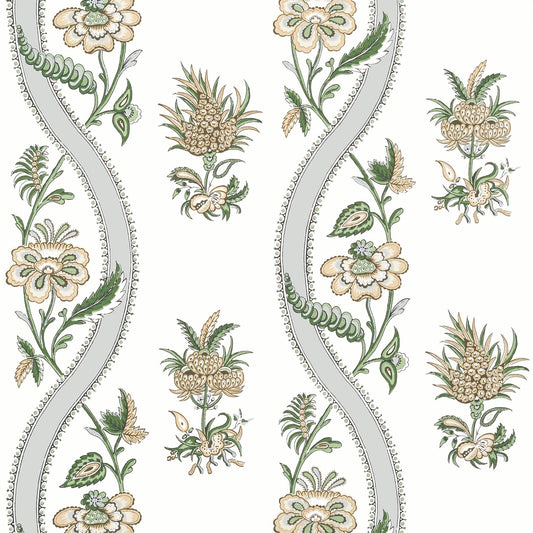 Ribbon Floral Wallpaper - Green - Thibaut - T36421 - Premier Wallcovering
