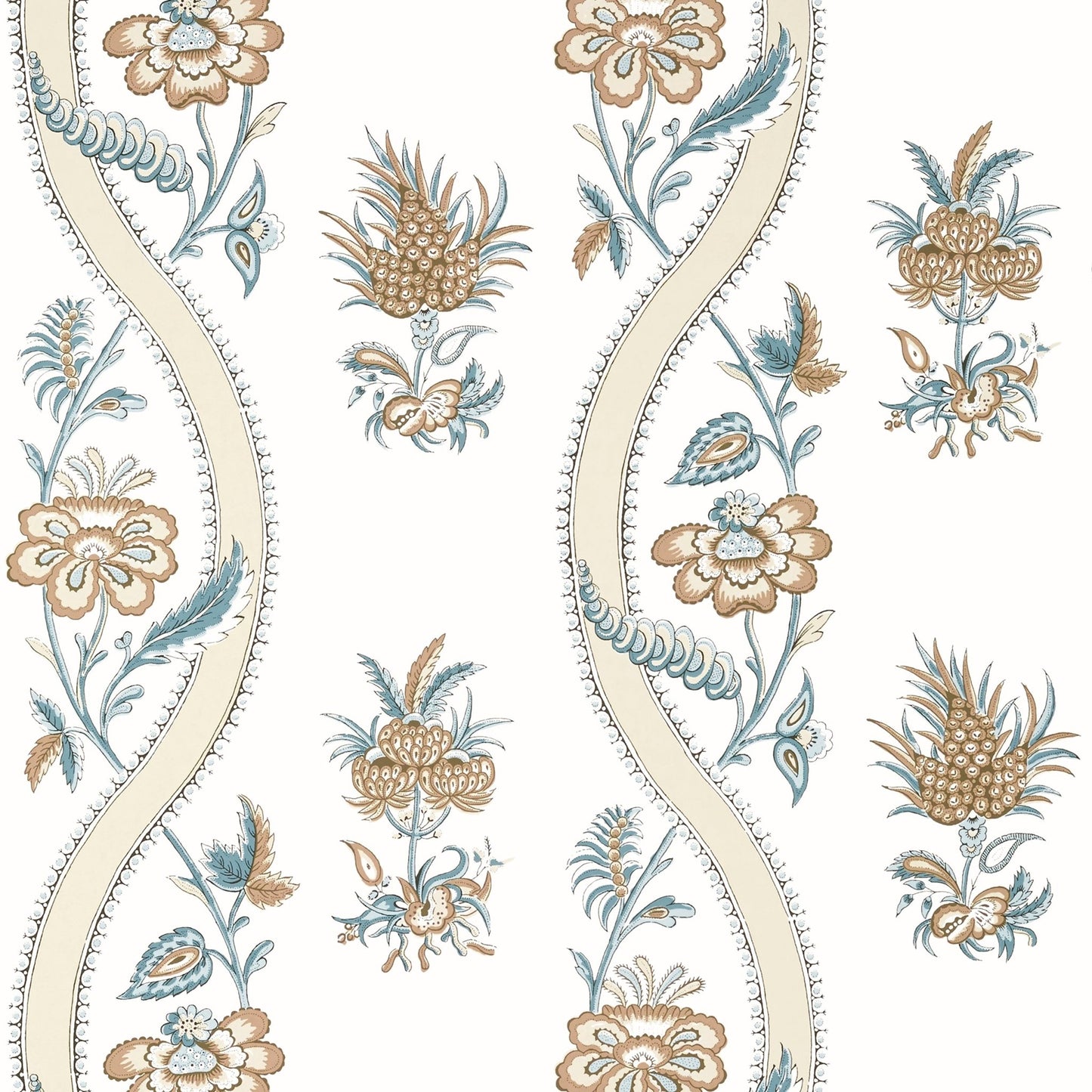 Ribbon Floral Wallpaper - Beige & Spa Blue - Thibaut - T36425 - Premier Wallcovering