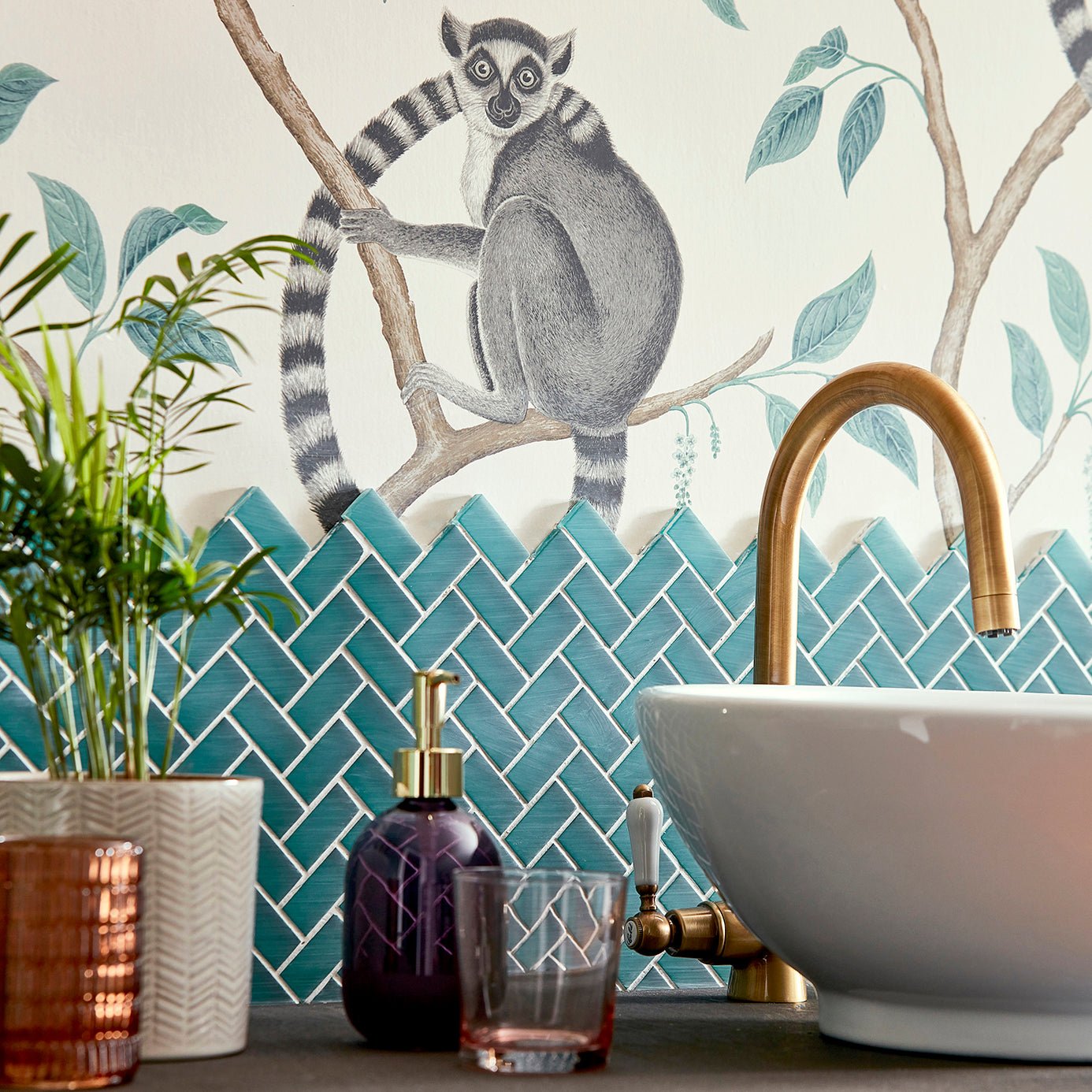 Ringtailed Lemur Wallpaper - Teal - Sanderson - DGLW216663 - Premier Wallcovering