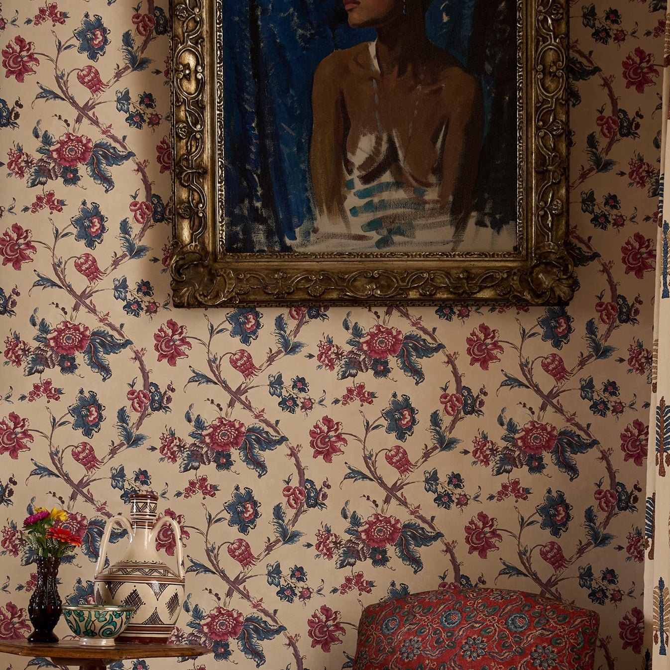 Rosa Antique Wallpaper - Red/Blue - Penny Morrison - ROSAANTIQUE-RB - Premier Wallcovering