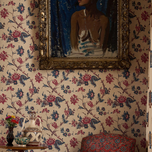 Rosa Antique Wallpaper - Red/Blue - Penny Morrison - ROSAANTIQUE-RB - Premier Wallcovering