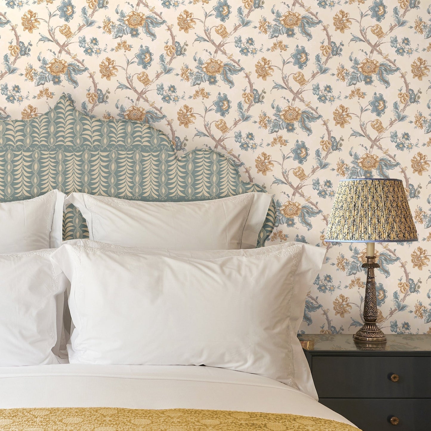 Rosa Antique Wallpaper - Yellow/Blue - Penny Morrison - ROSAANTIQUE-YB - Premier Wallcovering