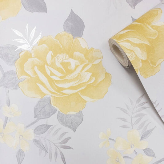 Rosalind Floral Metallic Wallpaper - Rose Grey/Oche - Muriva - 170501 - Premier Wallcovering