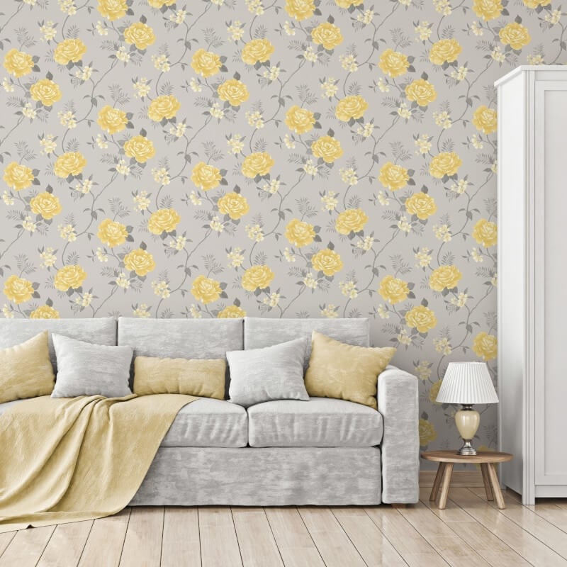 Rosalind Floral Metallic Wallpaper - Rose Grey/Oche - Muriva - 170501 - Premier Wallcovering