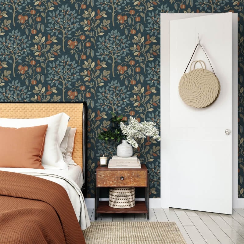 Rowan Autumn Trees Metallic Wallpaper - Navy - Crown - M1761 - Premier Wallcovering