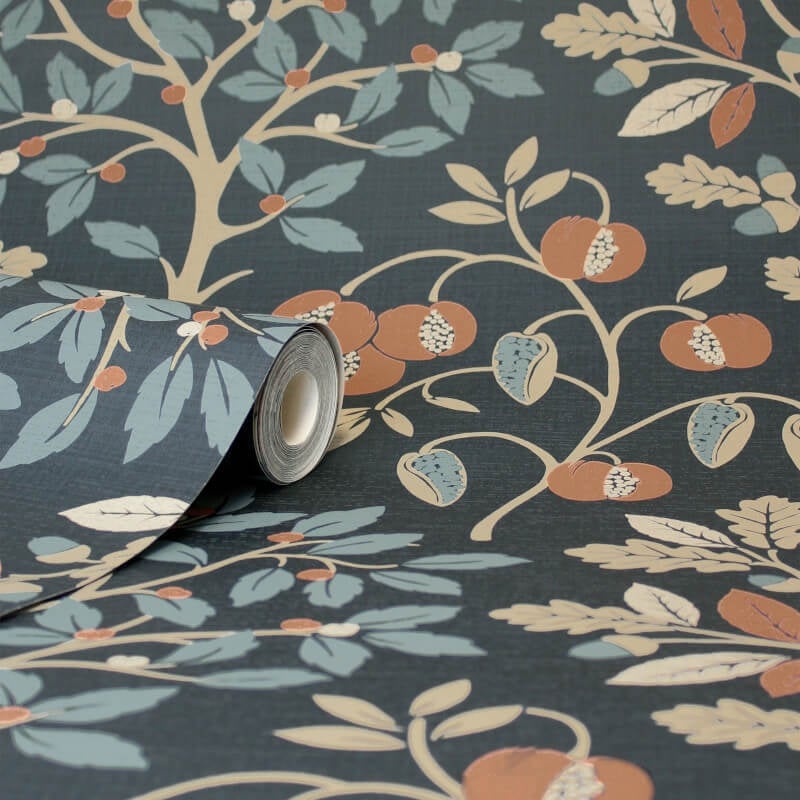 Rowan Autumn Trees Metallic Wallpaper - Navy - Crown - M1761 - Premier Wallcovering
