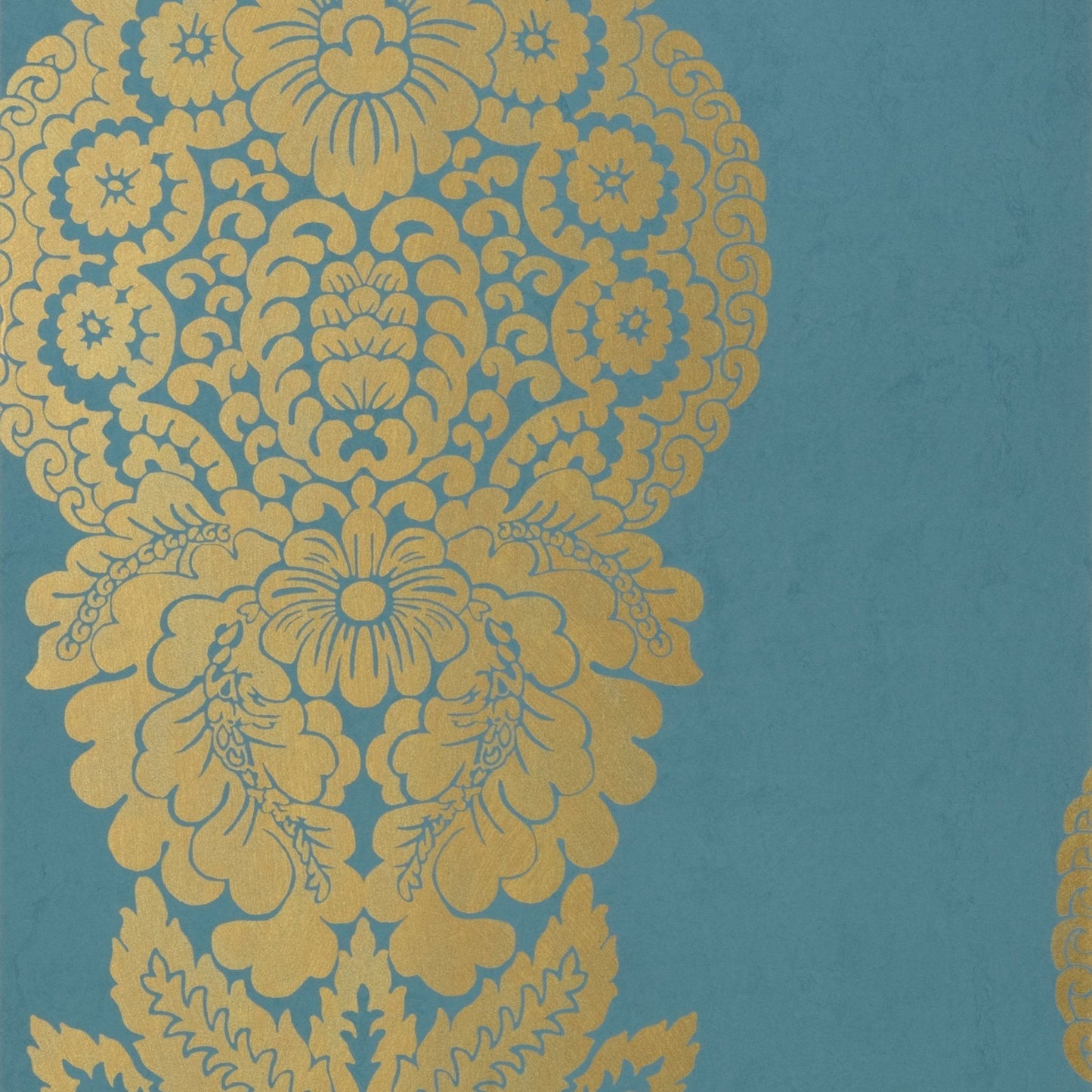 Rowan Damask Wallpaper - Metallic Gold on Peacock - Thibaut - T89133 - Premier Wallcovering
