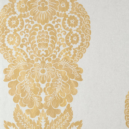 Rowan Damask Wallpaper - Metallic Gold on Silver - Thibaut - T89131 - Premier Wallcovering