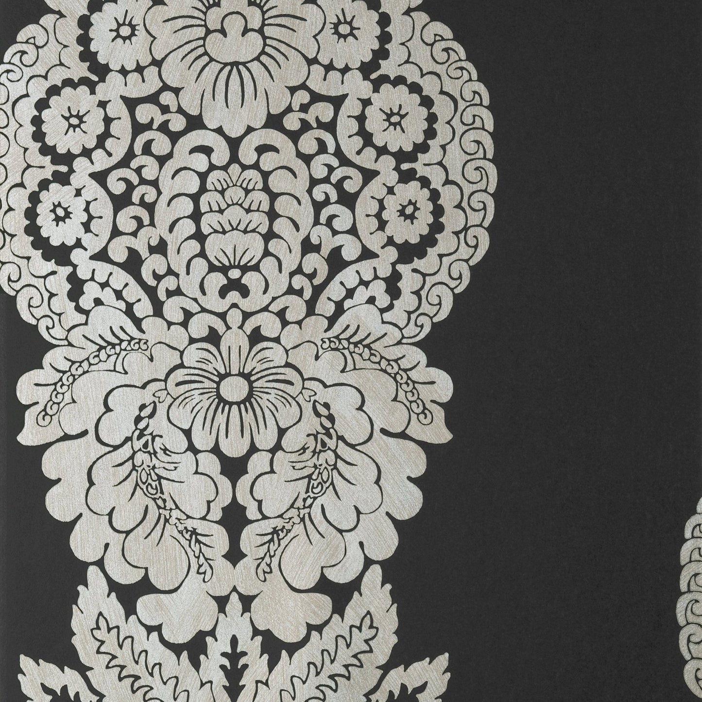 Rowan Damask Wallpaper - Metallic Silver on Black - Thibaut - T89132 - Premier Wallcovering