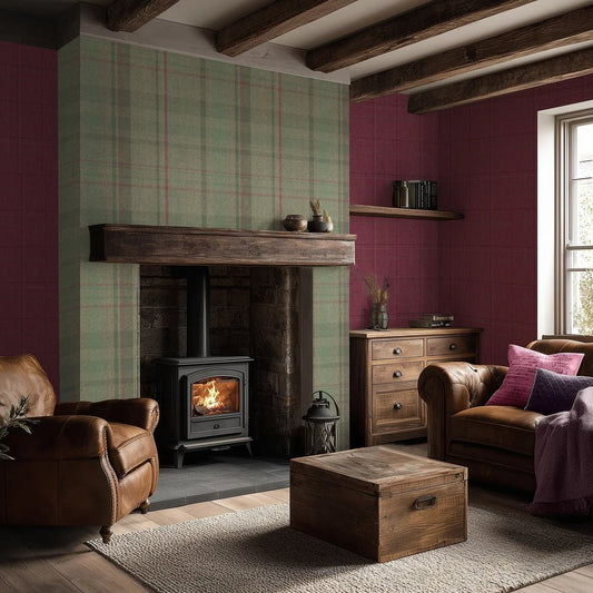 Royal Herringbone Tartan Wallpaper - Mint, Green and Berry - Lucie Annabel - LAN100459 - Premier Wallcovering