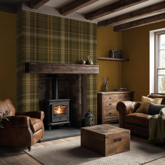 Royal Tartan Wallpaper - Rich Olive, Ochre and Mustard - Lucie Annabel - LAN100457 - Premier Wallcovering