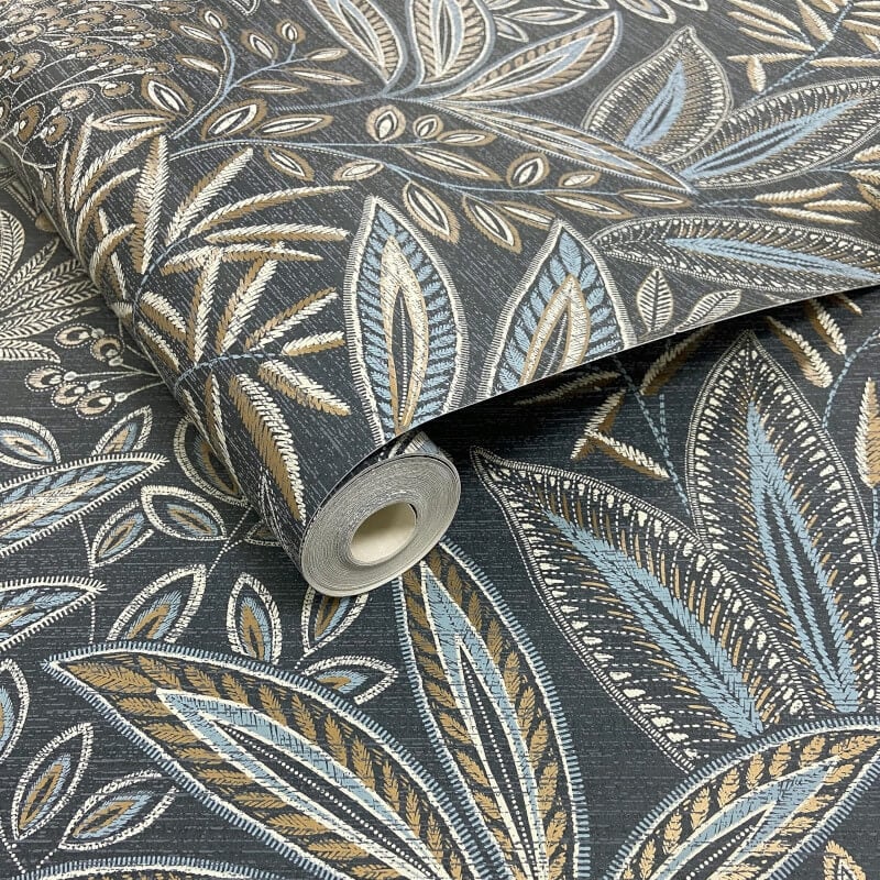 Sahara Leaf Wallpaper - Navy - Crown - M1784 - Premier Wallcovering