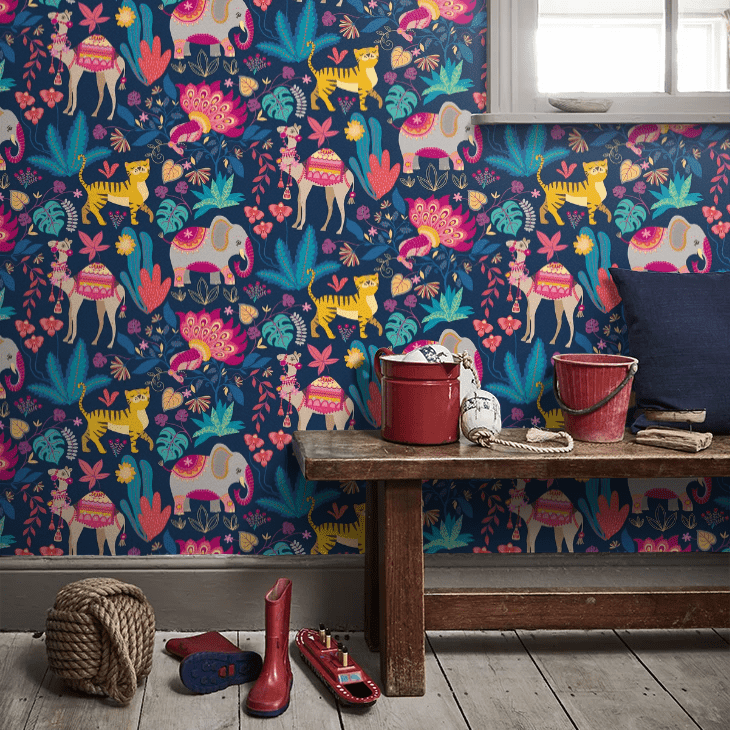 Samba Safari Wallpaper - Ink & Cerise - Ohpopsi - WGU50133W - Premier Wallcovering
