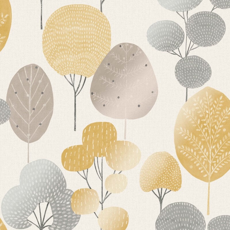 Scandi Forest Tree Metallic Wallpaper - Mustard/Grey - Crown - M1530 - Premier Wallcovering