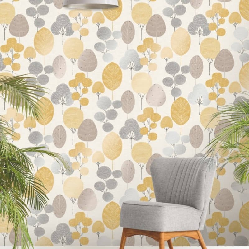 Scandi Forest Tree Metallic Wallpaper - Mustard/Grey - Crown - M1530 - Premier Wallcovering