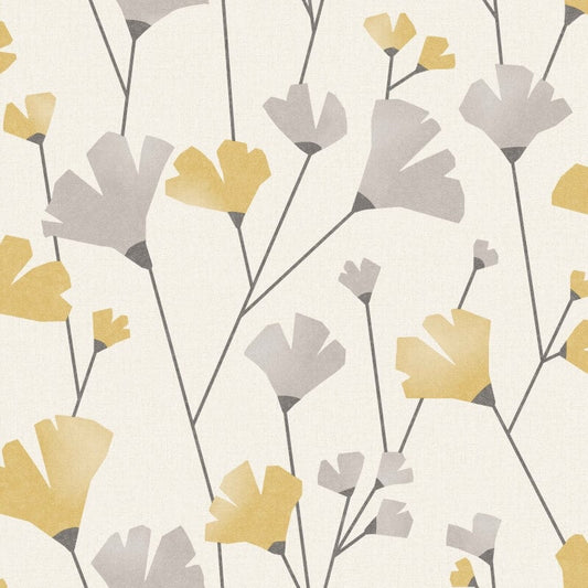 Scandi Modern Floral Metallic Wallpaper - Mustard/Grey - Crown - M1529 - Premier Wallcovering