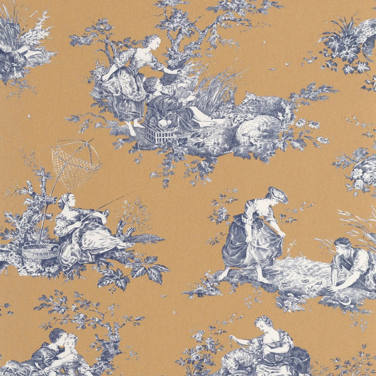 Scene D'ete Les Belles Toiles De Jouy 2 Wallpaper - Ocre - Casadeco - 87912606 - Premier Wallcovering
