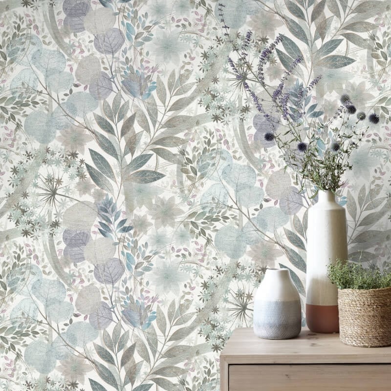 Secret Grove Floral Wallpaper - Blue/Silver - Erismann - 10506 - 24 - Premier Wallcovering