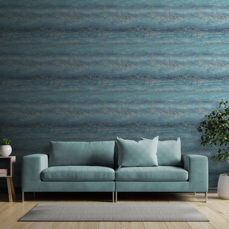 Semper Vertical Marble Metallic Wallpaper - Teal/Gold - Muriva - 189504 - Premier Wallcovering