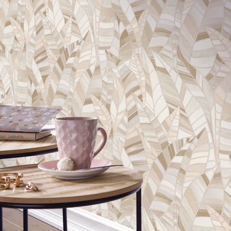 Serenade Leaf Metallic Wallpaper - Beige - Elle Decoration - 10446 - 02 - Premier Wallcovering