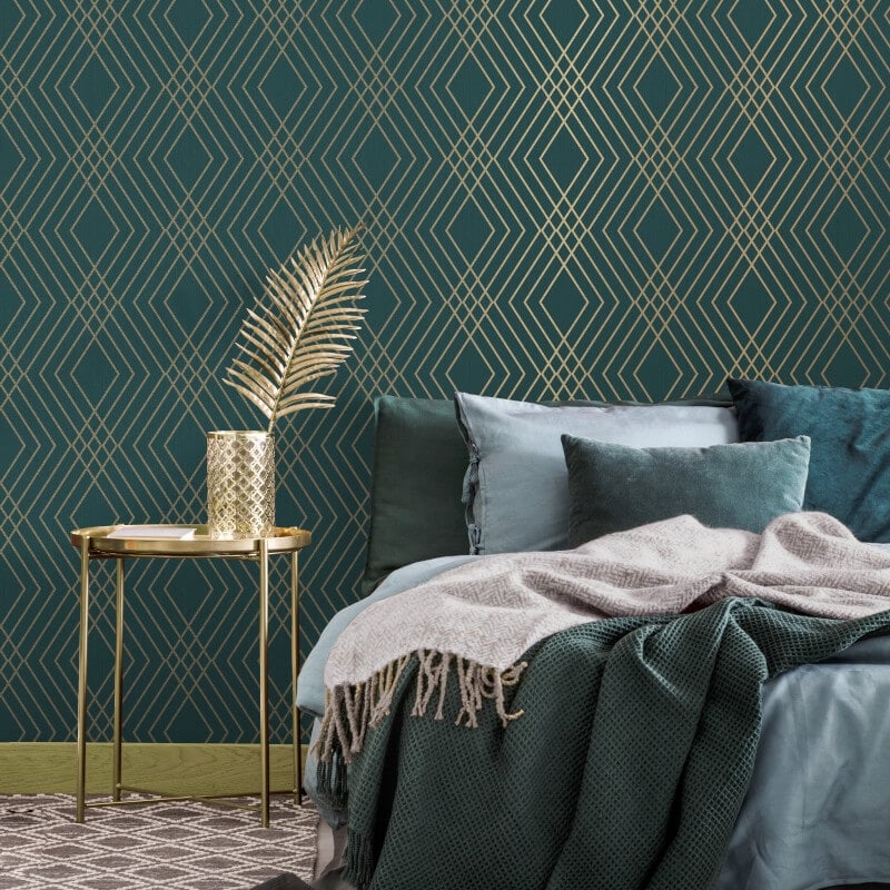 Shard Trellis Metallic Wallpaper - Emerald/Gold - Fine Décor - FD43613 - Premier Wallcovering