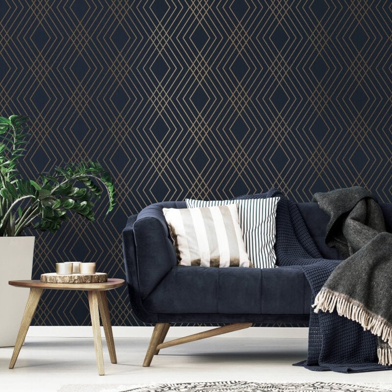 Shard Trellis Metallic Wallpaper - Navy/Gold - Fine Décor - FD42605 - Premier Wallcovering