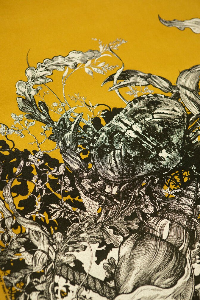 Shell And Crab Velvet Fabric - Black & Pale Gold on Honey - Timorous Beasties - SHC/8206/03 - Premier Wallcovering