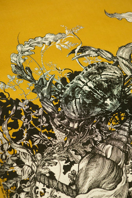 Shell And Crab Velvet Fabric - Black & Pale Gold on Honey - Timorous Beasties - SHC/8206/03 - Premier Wallcovering